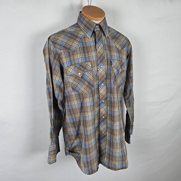 ATB Authentic Western Shirt Men 16 32/33 Brown Blue Plaid Snap Down - Picture 13 of 16